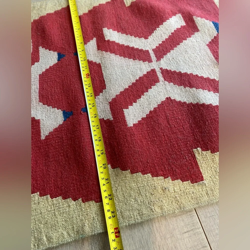 Turkish Kilim Wool Rug Flat woven 2X3 Ft Geometric Motif Red Cream Fringe VTG